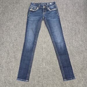 Miss Me Jeans Women's 25 Blue Mid Rise Skinny Embellished Flap Stretch